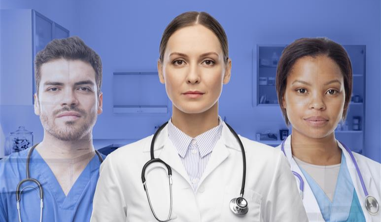 three veterinary professionals with one fading out