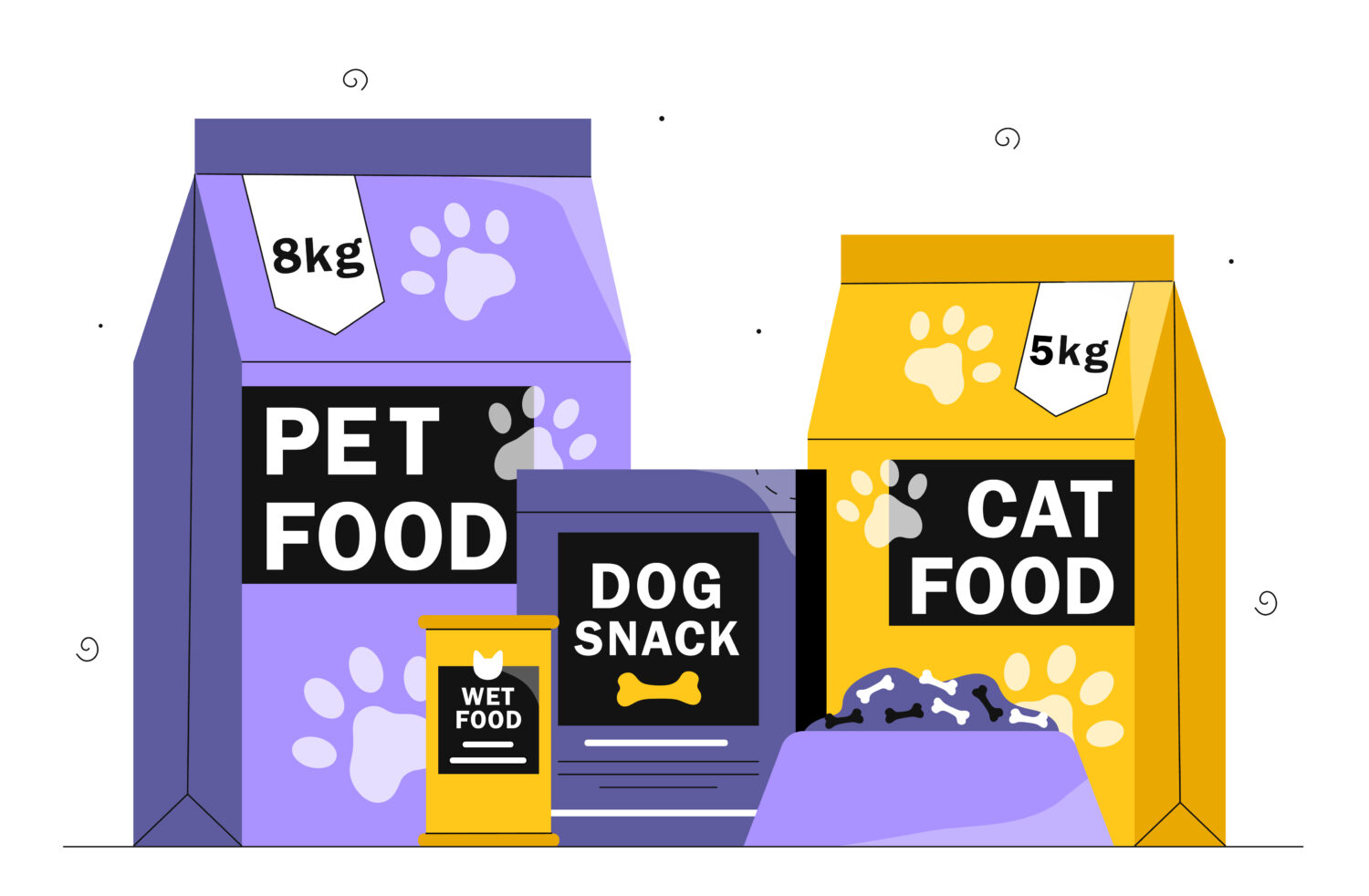 Set of food for pets. Packages and bowl with animals foot prints. Advertising and marketing. Healthy eating for cats and dogs. Cartoon flat vector collection isolated on white background
