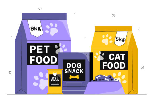 Set of food for pets. Packages and bowl with animals foot prints. Advertising and marketing. Healthy eating for cats and dogs. Cartoon flat vector collection isolated on white background