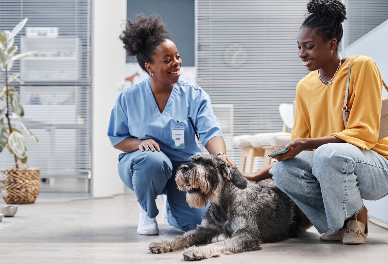Black female veterinarian and black female client in vet clinic with dog