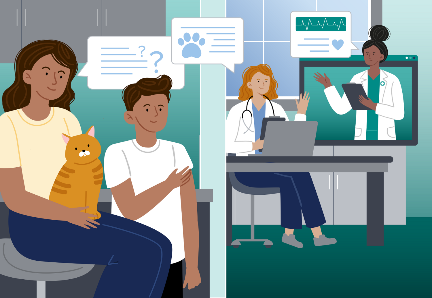 illustration of family with cat, veterinarian, and telehealth consult