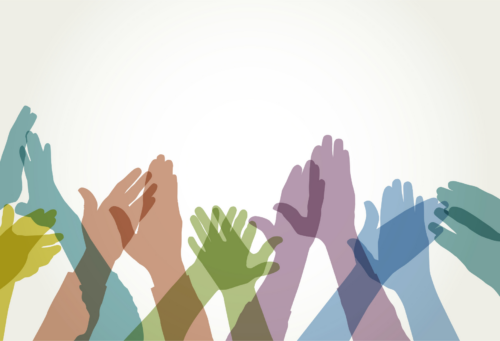 multiple pairs of raised hands, shaded in various colors, clapping in appreciation