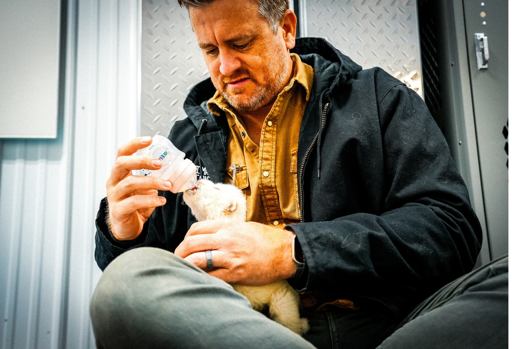 Colossal Chief Animal Officer Matt James, feeding a dire wolf pup.