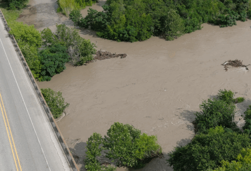 Drone shot of the Guadalupe River following the Texas floods in July 2025.