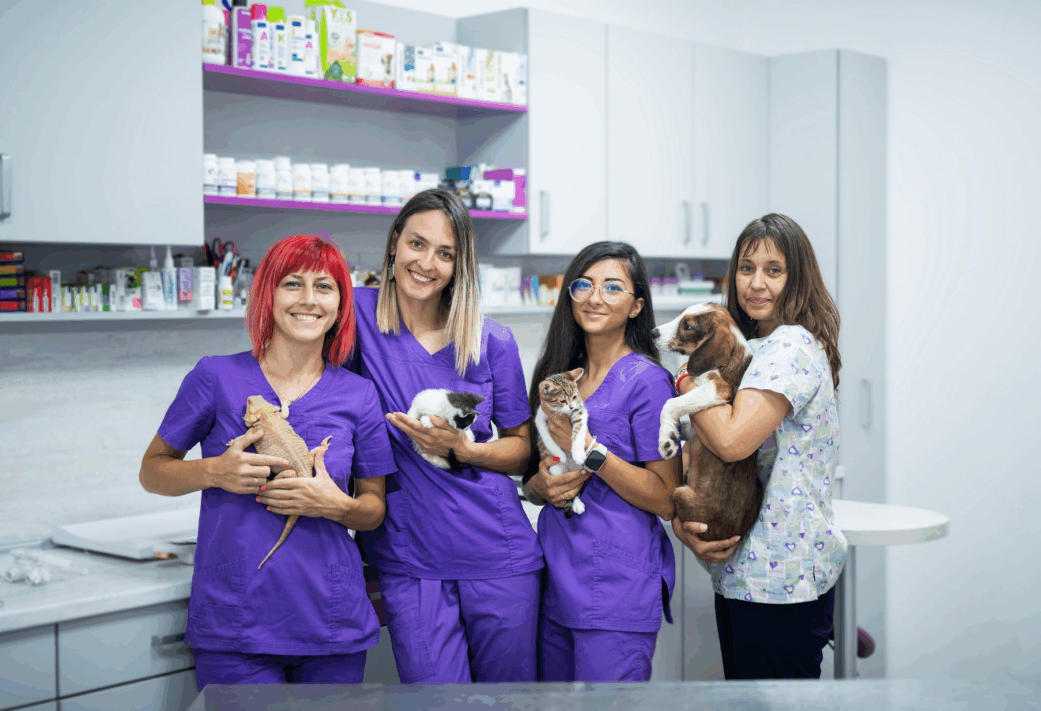 4 female veterinary team members holding pets of various species
