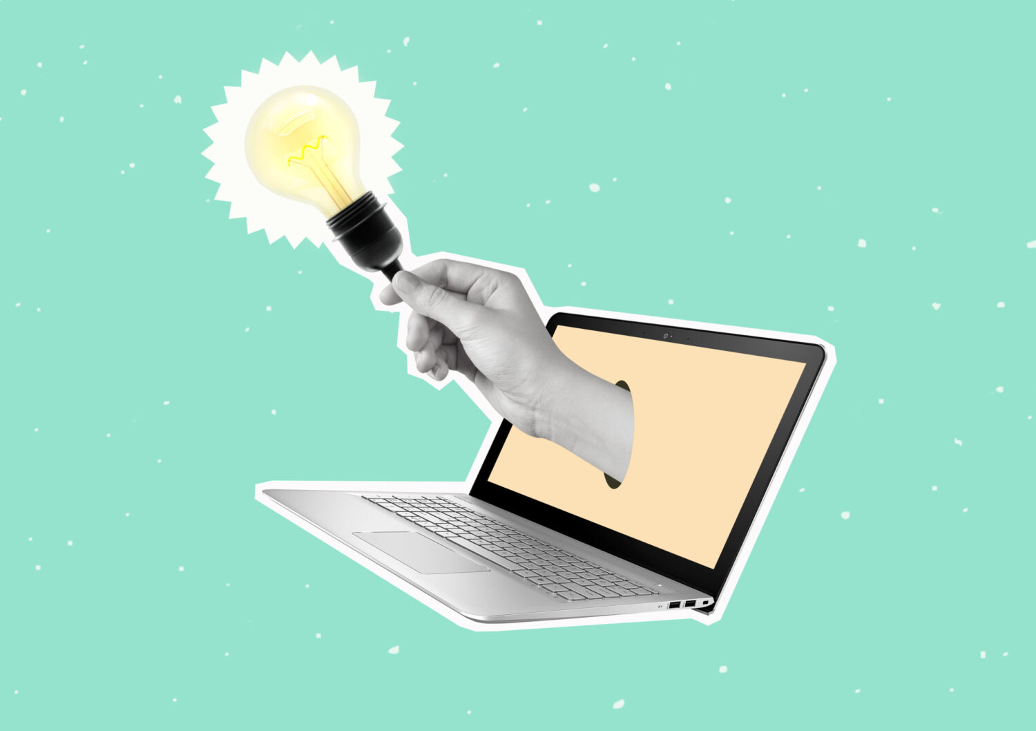 Modern art collage of a hand holding a light bulb and laptop. Creativity and new ideas in business.