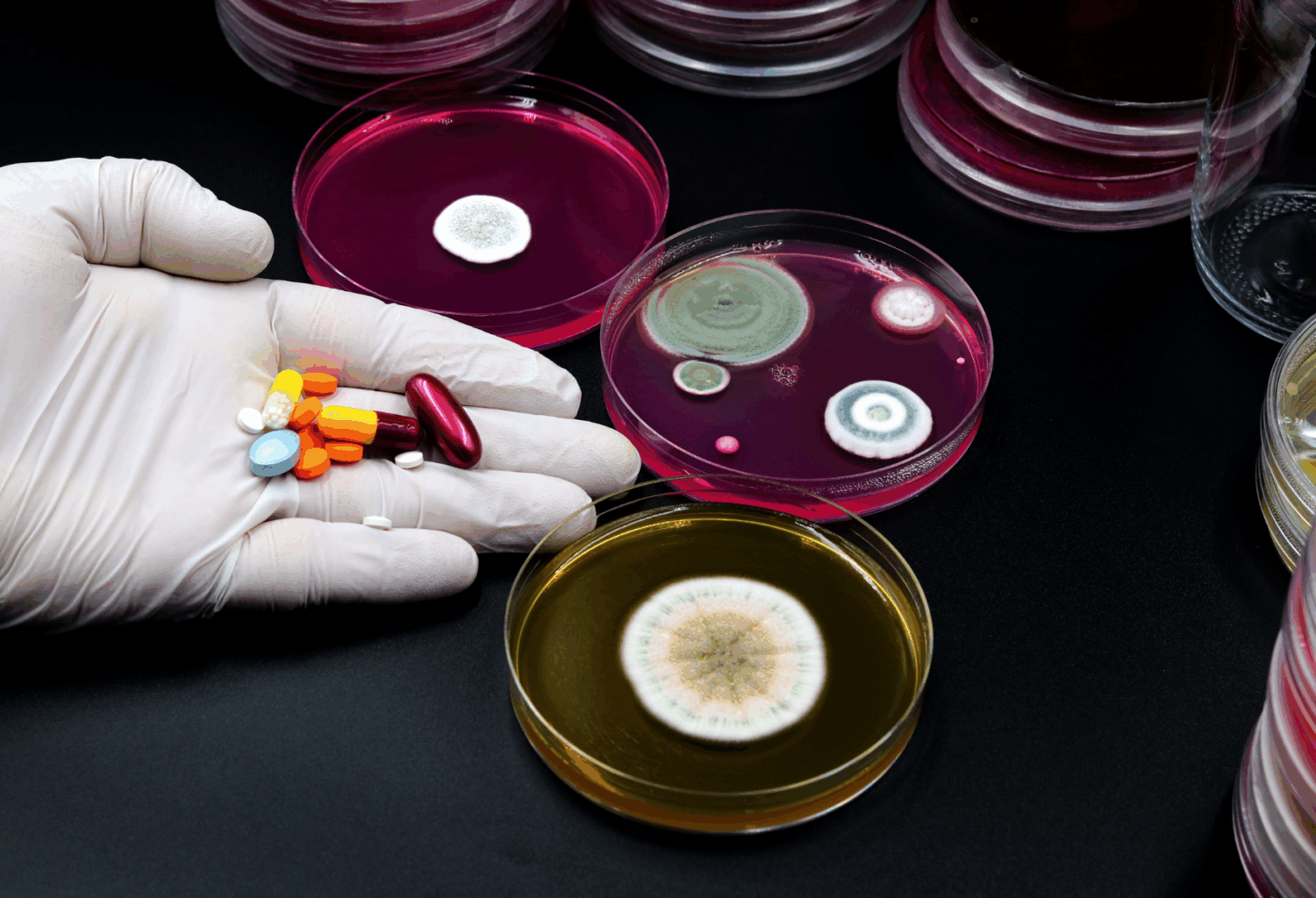 A gloved hand holds multiple drug capsules next to petri dishes with bacterial colonies growing on them