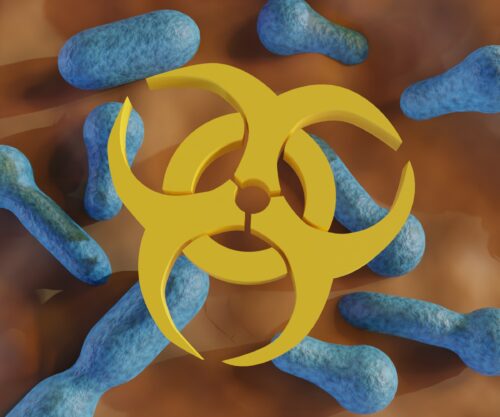 3d rendering of Clostridium, a rod shape bacterium that produces dangerous toxins (botulinum toxins) under low-oxygen conditions with a biohazard symbol