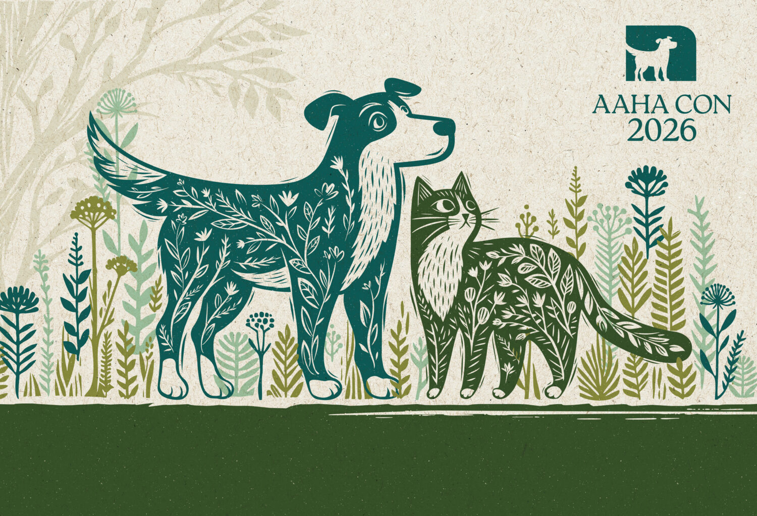 An illustration of a dog and cat in a field of flows