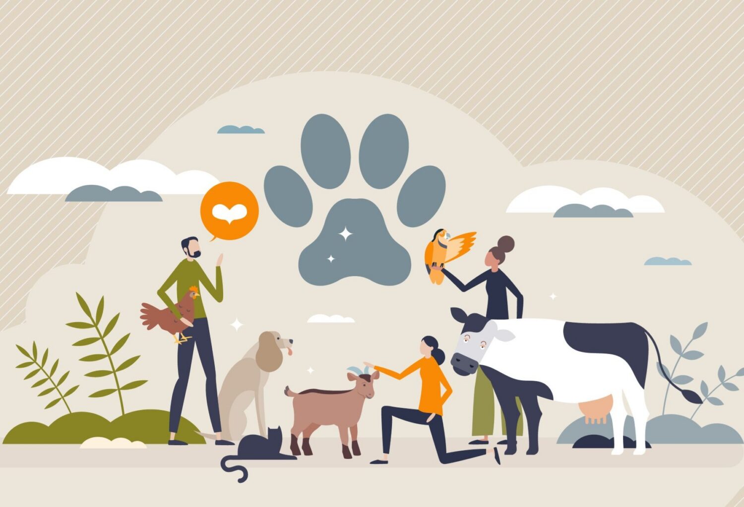 Ethical wildlife and domestic mammals protection and friendly attitude vector illustration.