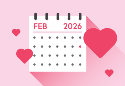 A February calendar set against a pink background with hearts