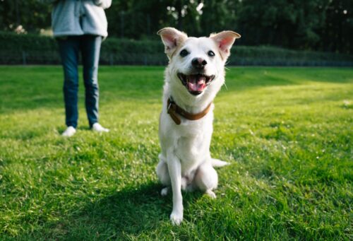 white dog with three legs on grass