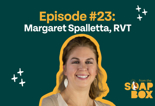 margaret spalletta ehadshot on a green background with yellow outline