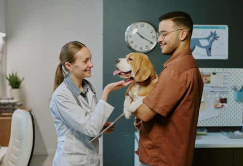 a veterinarian and a client holding his dog