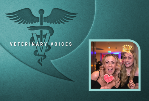 Teal veterinary voices logo with a photo of Katie Ford and Claire Grigsom in the lower right hand corner