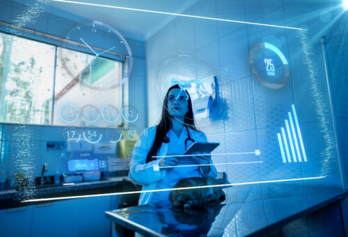 Veterinarian analyzing data using augmented reality in an animal clinic