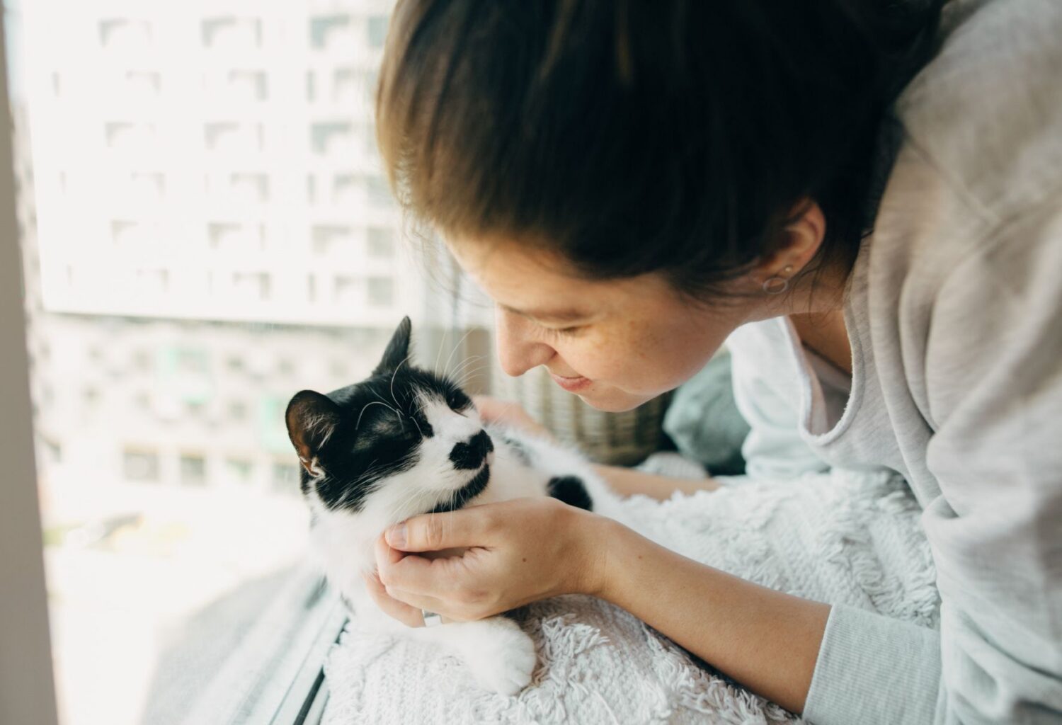 woman petting happy black and white cat near window