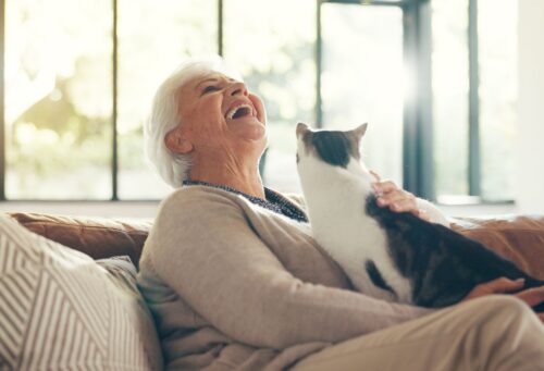 happy woman with cat on lap