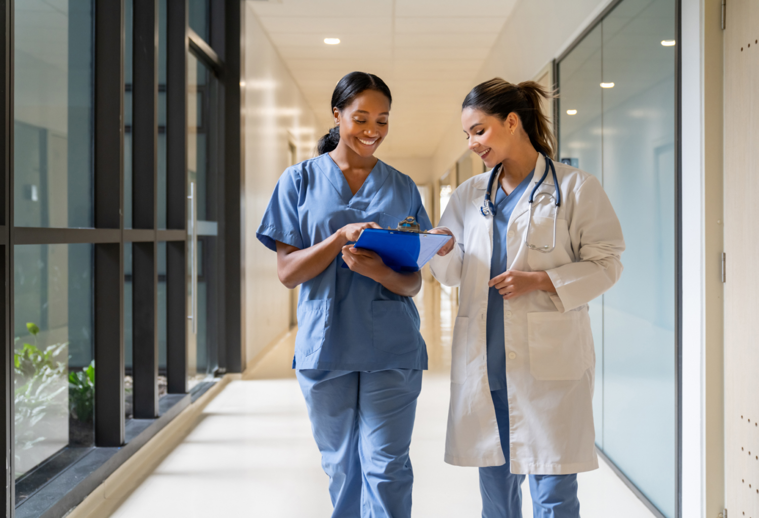 two female doctors discuss a case.